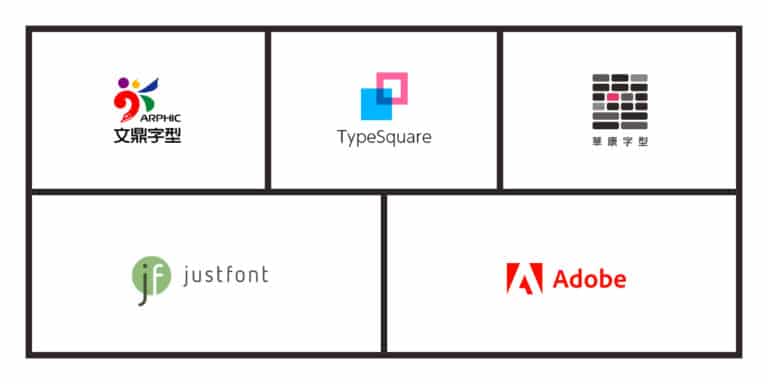 文鼎、TypeSquare、華康、justfont、Adobe logo